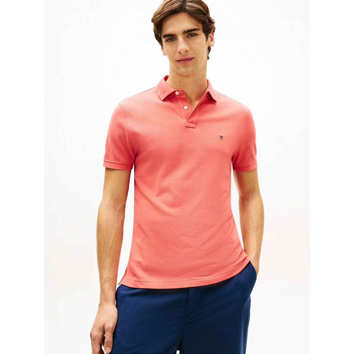 Tommy Hilfiger Stretch Polo Shirt In Regular Fit With 2-Button Collar Men's Bright Red Medium