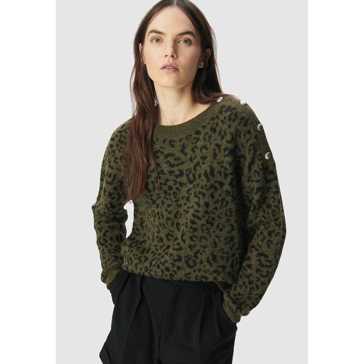 Ikks Leopard Print Crew Neck Jumper Women's Dark Khaki Large