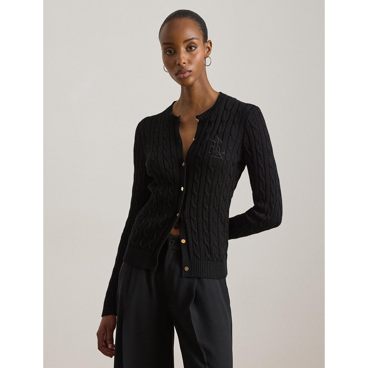 Lauren Ralph Lauren Cárdigan de cuello redondo con punto trenzado. Negro