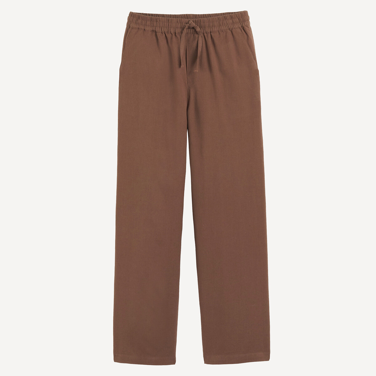Pantalon droit, taille élastiquée, en coton et lin
