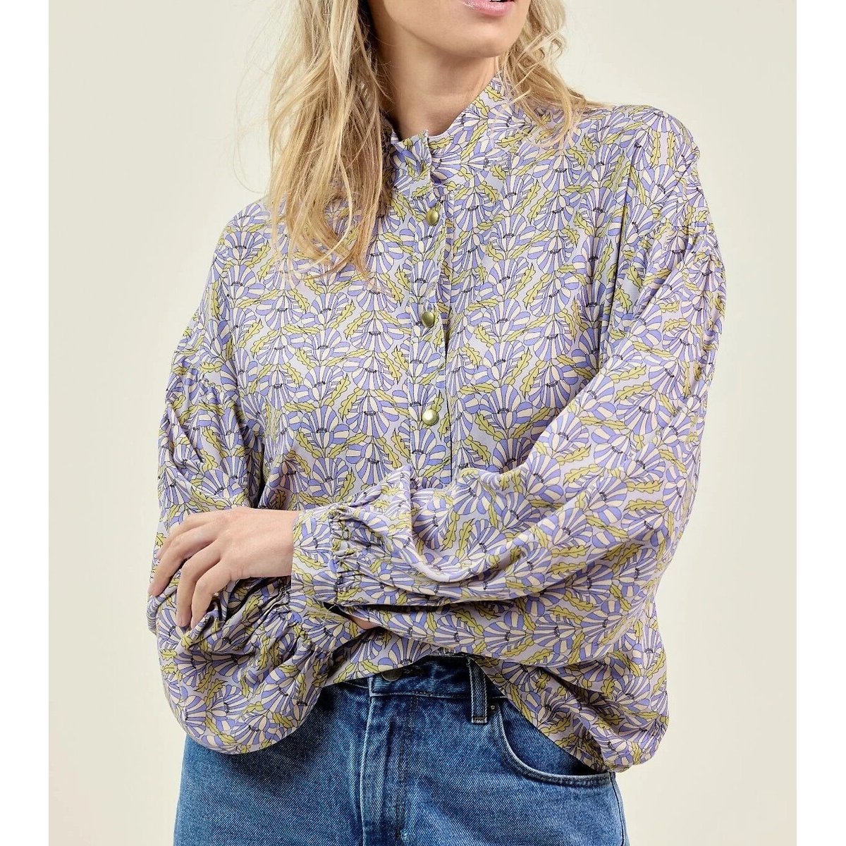 Apaches Collections Vidya Floral Print Mandarin Collar Blouse Women's Lilac Large