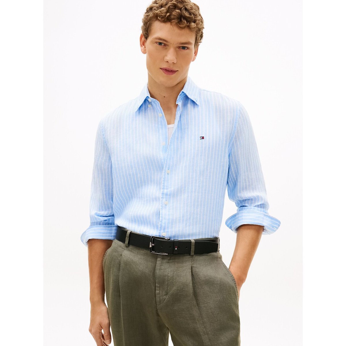 Tommy Hilfiger Linen Shirt Men's Sky Blue Striped Medium