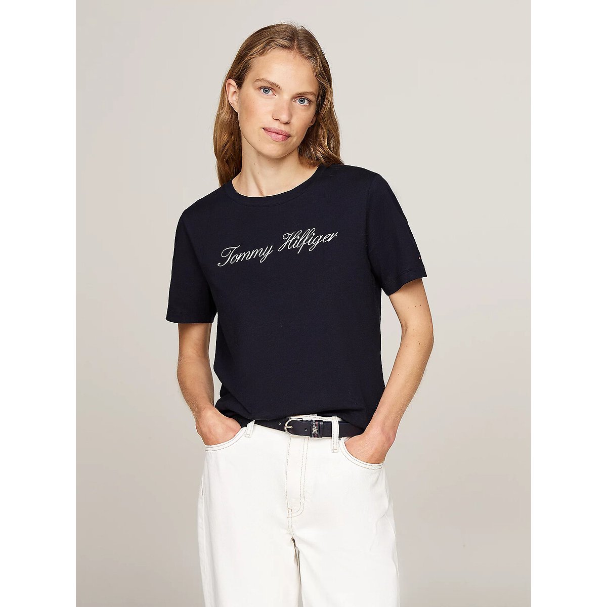 Tommy Hilfiger Women's Navy T-Shirt With Logo, Crew Neck, Short Sleeves Medium