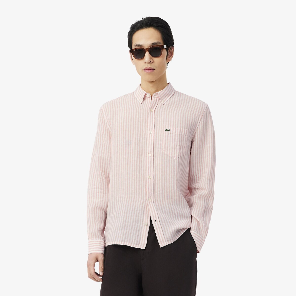 Lacoste Striped Linen Regular Fit Shirt Men's Salmon Size 46