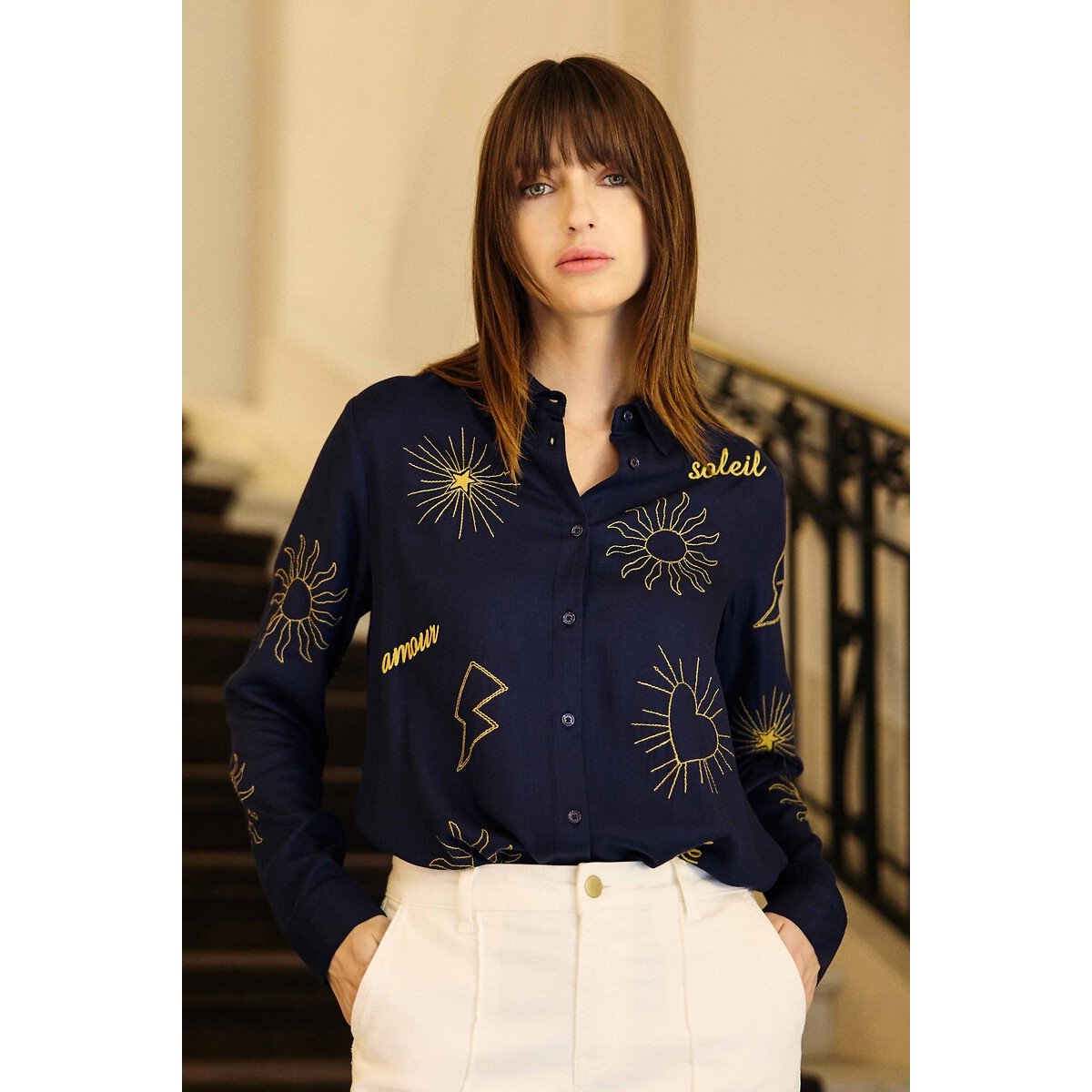 La Petite Etoile Chania Embroidered Shirt With Long Sleeves Women's Navy Print Large