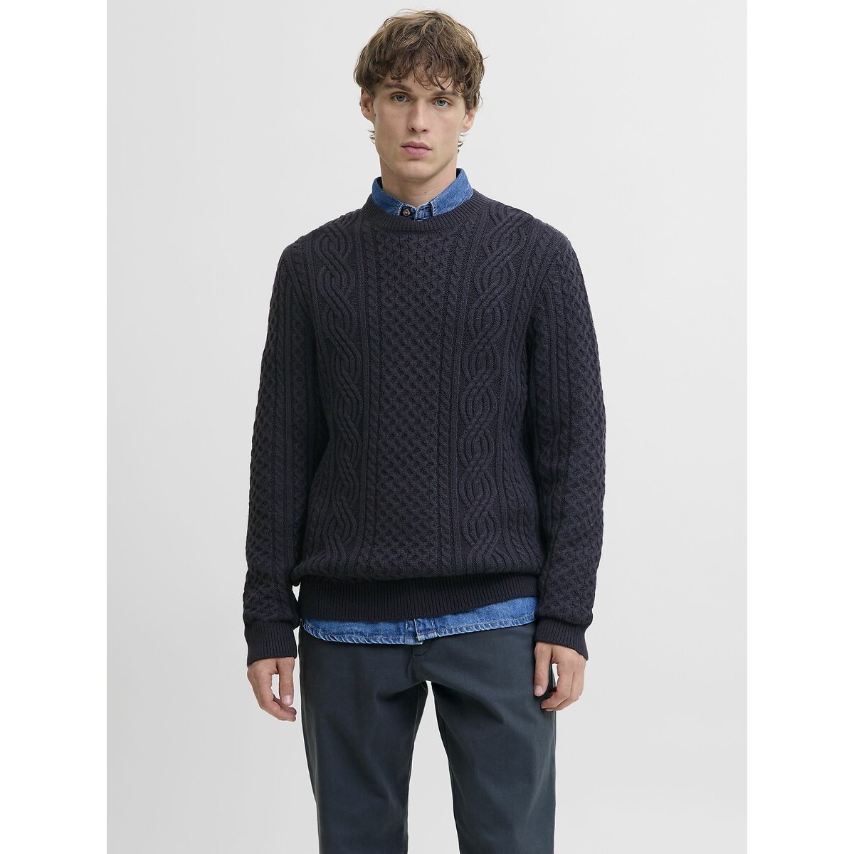 Jack & Jones Men's Navy Cable Knit Jumper With Crew Neck Large