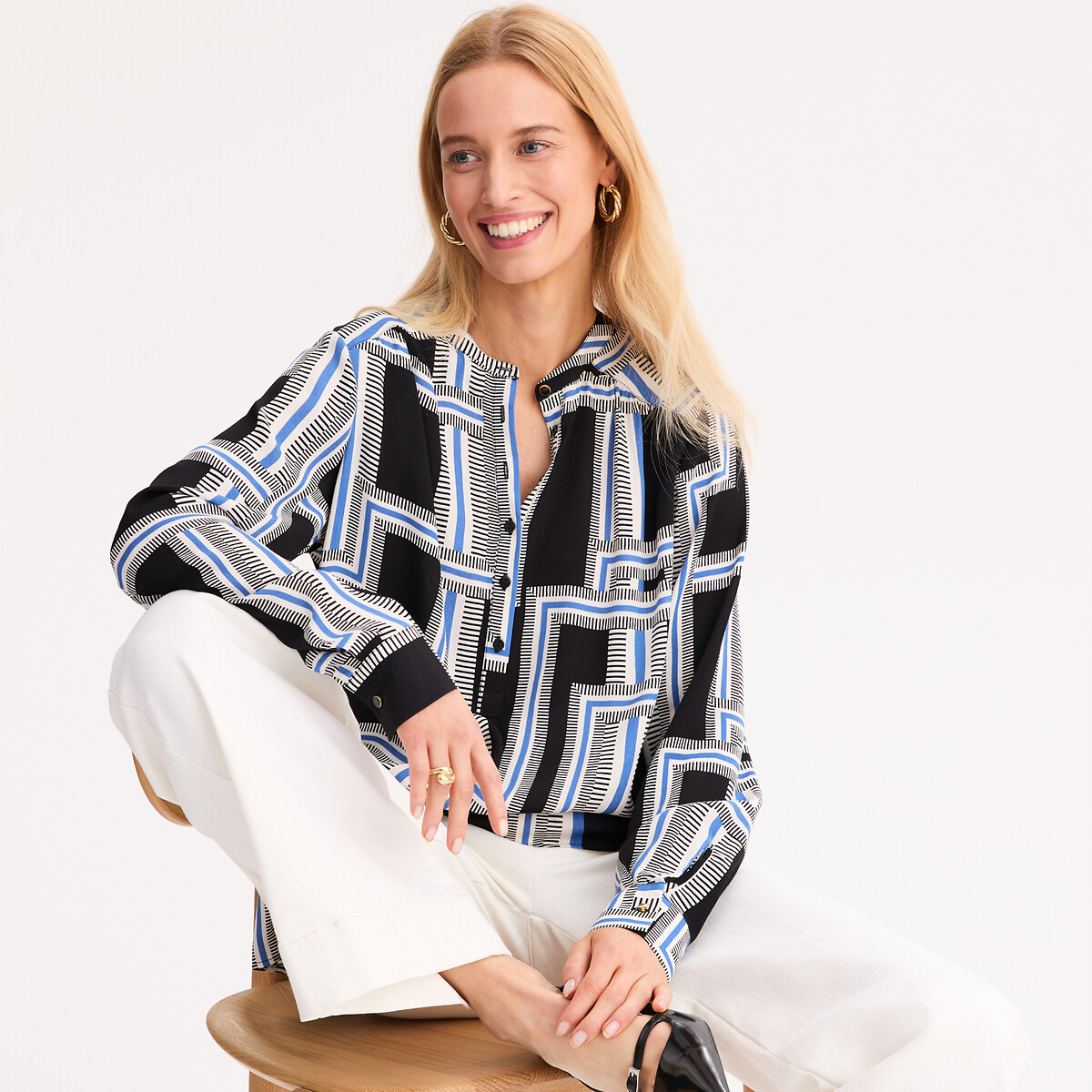 Anne Weyburn Graphic Print Blouse With Grandad Collar Women's Printed Size 20