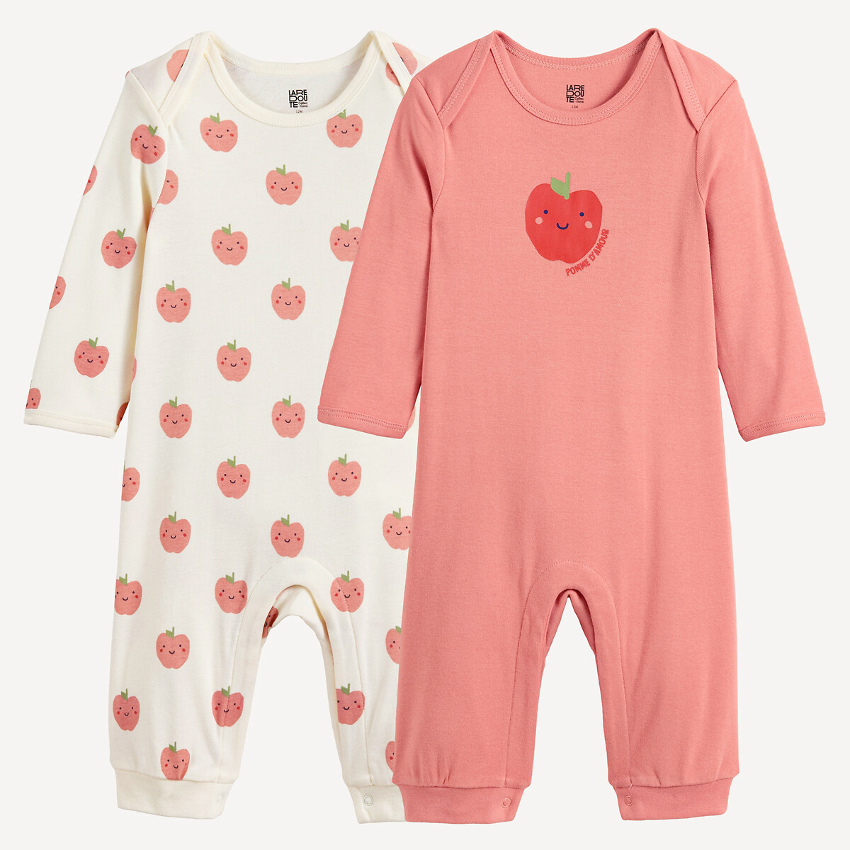 La Redoute Collections Pack Of 2 Apple Print Cotton Footless Sleepsuits Pink + Ecru 3Y (94Cm) Newborn