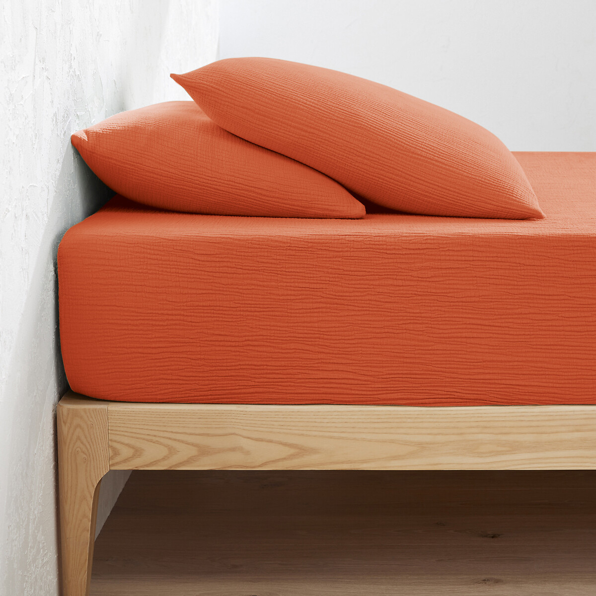 La Redoute Interieurs Kumla Plain Cotton Muslin Fitted Sheet With 30Cm Flap Unisex Orange King (160X200cm)