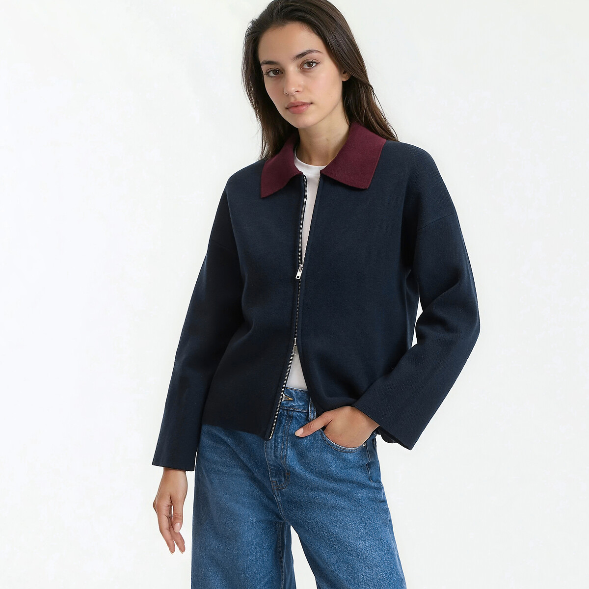 La Redoute Collections Contrasting Polo Collar Zipped Cardigan Women's Navy Blue Extra Large