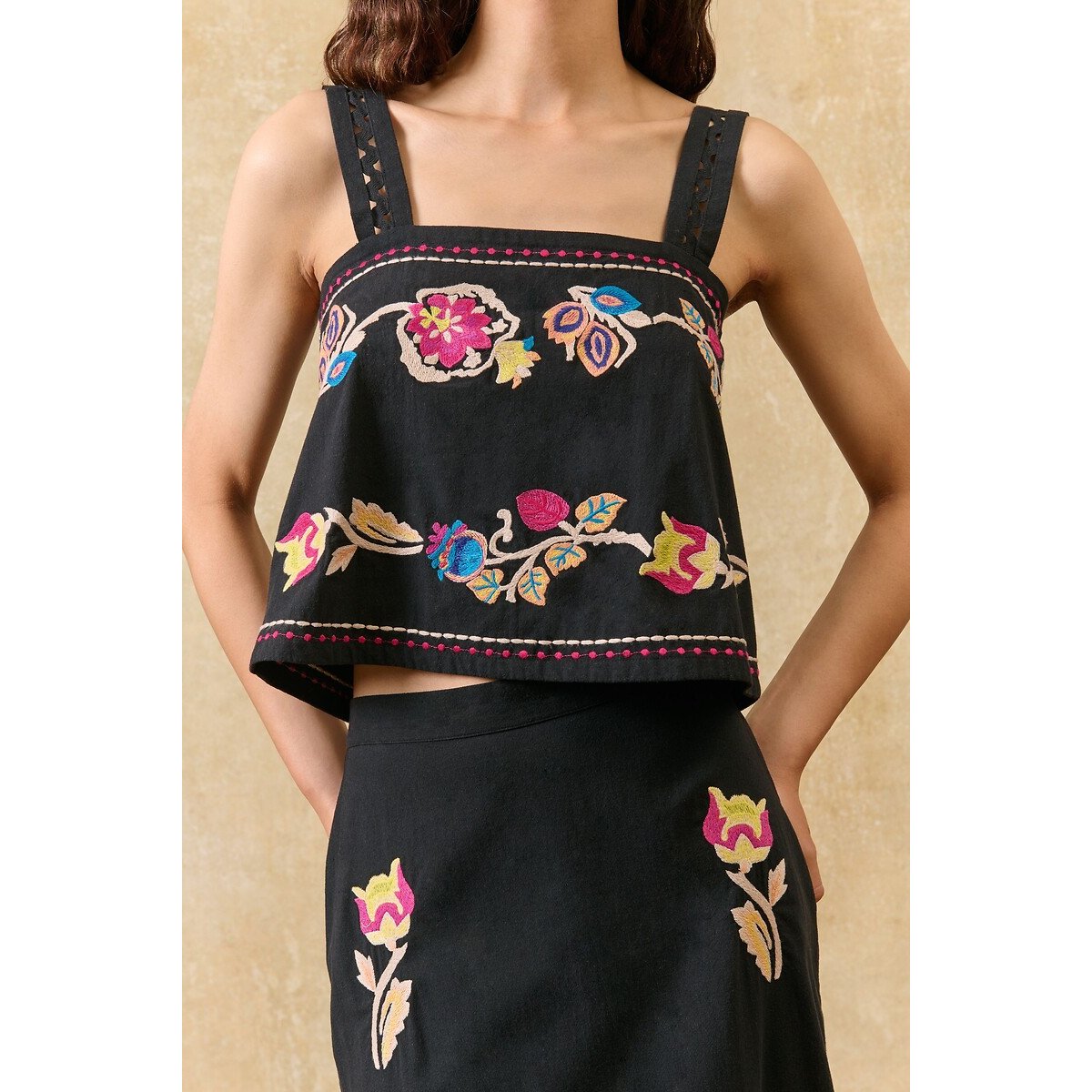 Louise Misha Phaedra Embroidered Strappy Cropped Top Women's Black Size 6