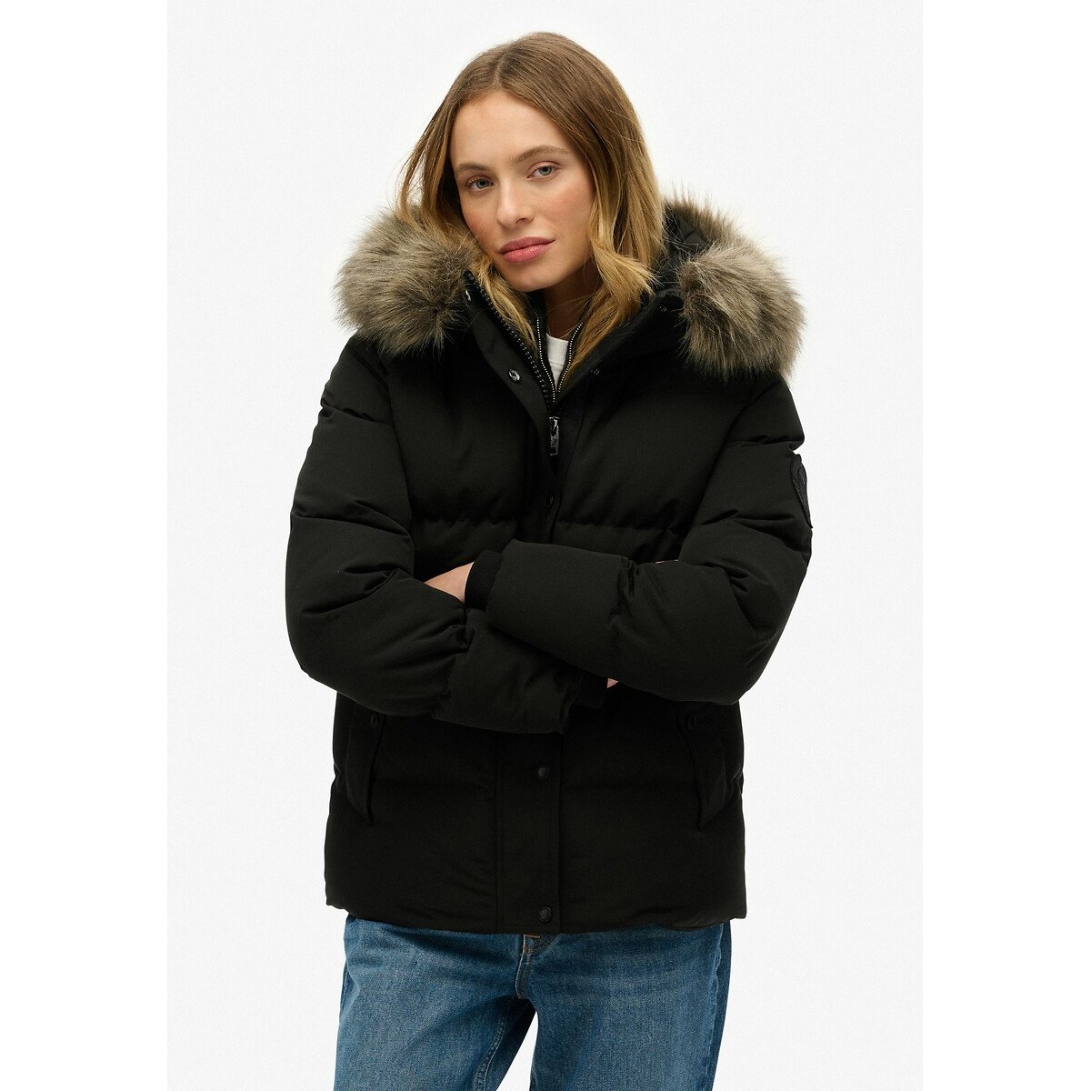Superdry Short Padded Jacket With Faux Fur Hood Women's Black Size 10