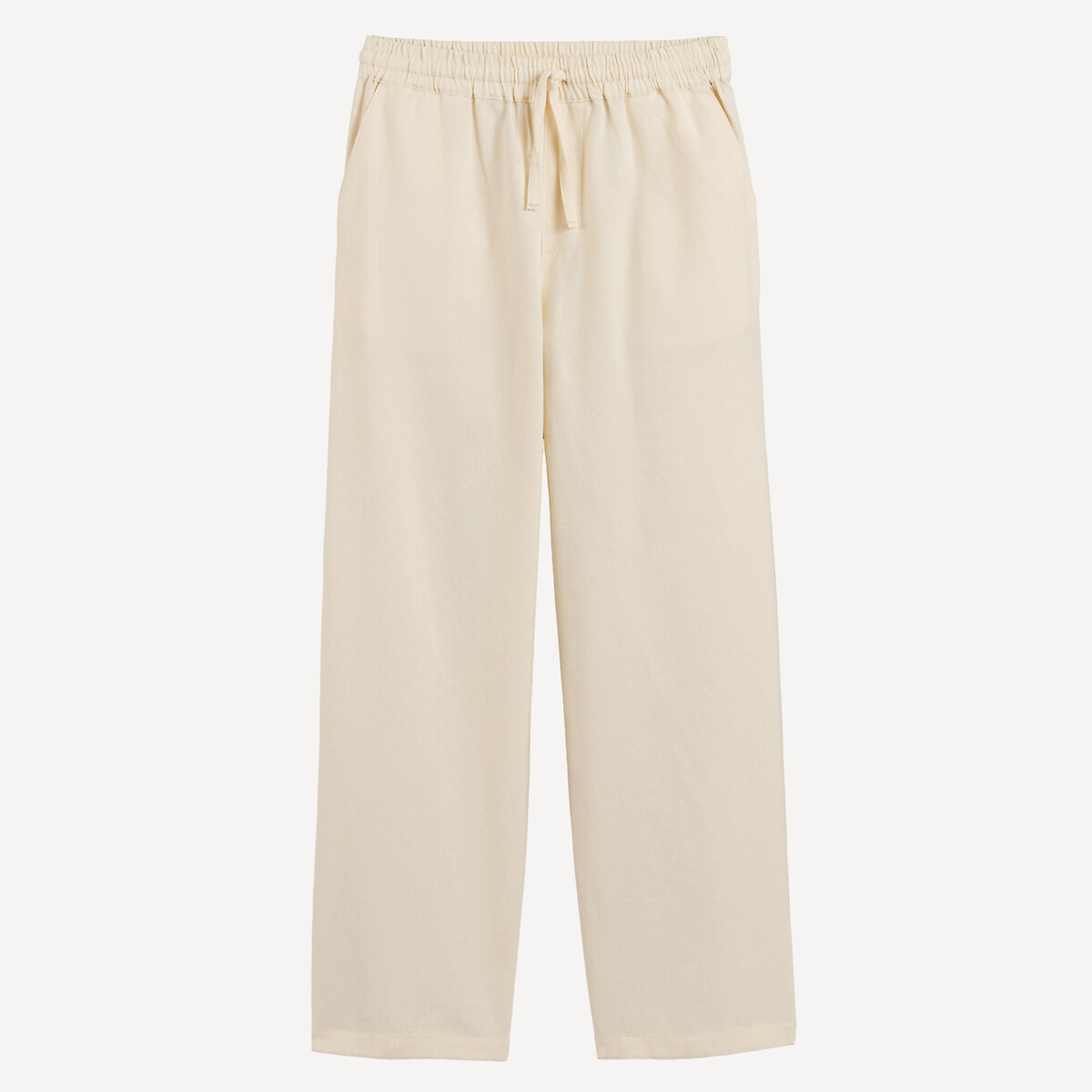 Pantalon droit, taille élastiquée, en coton et lin