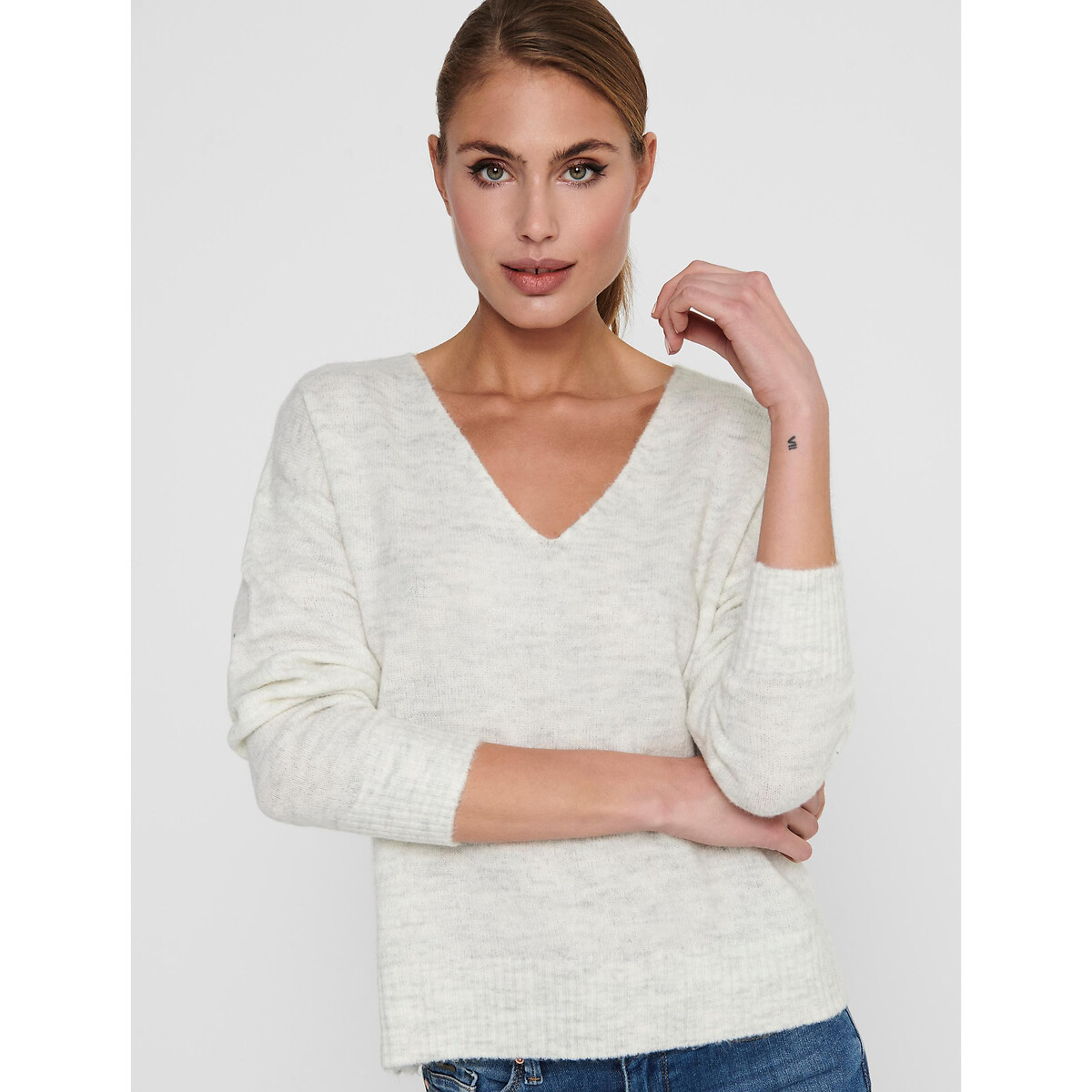 Jdy Brushed Knit Jumper With V-Neck Women's White Extra Large
