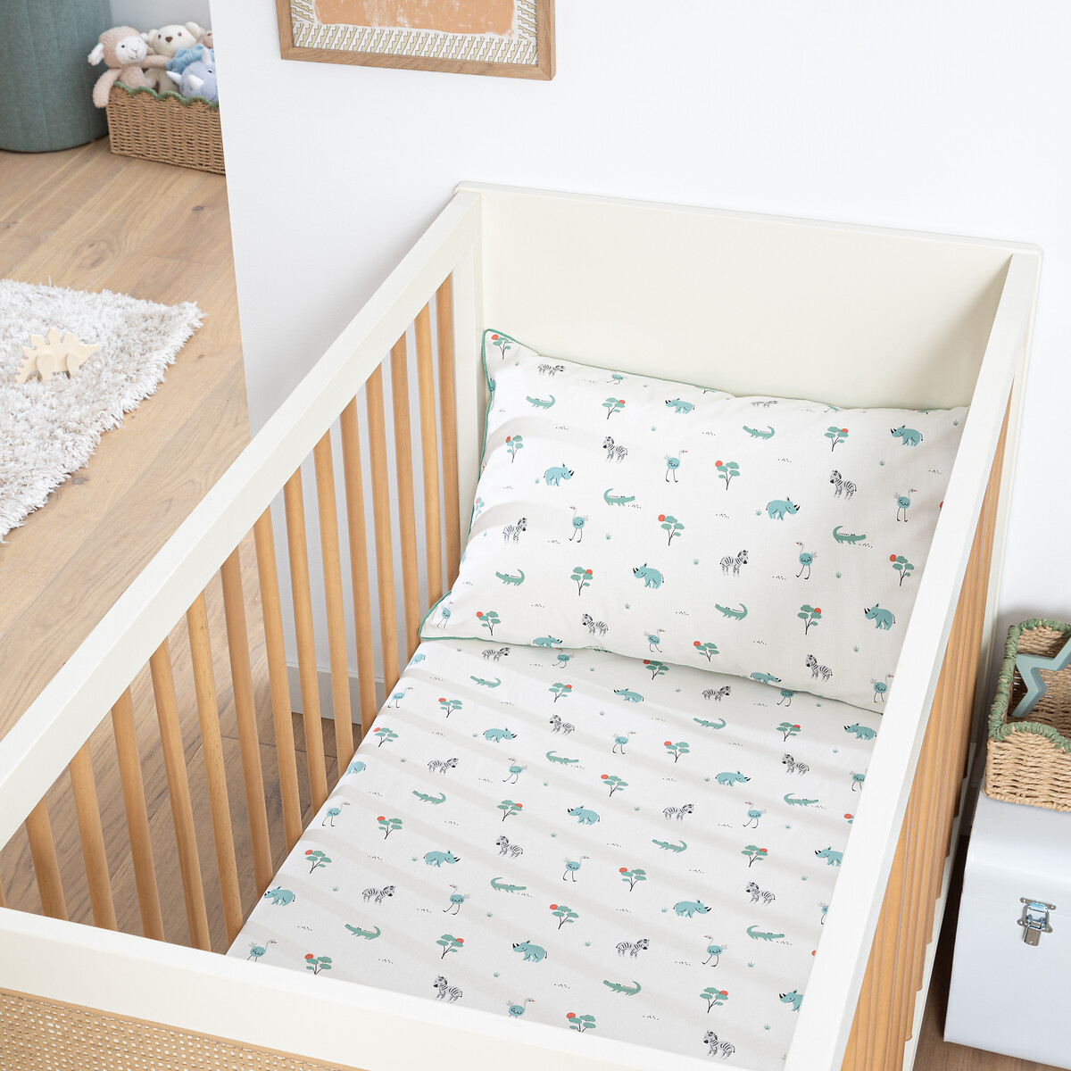 LA REDOUTE INTERIEURS Hoeslaken voor kinderen, biologisch katoen, kap van 17 cm, dierenprint, SAVANE