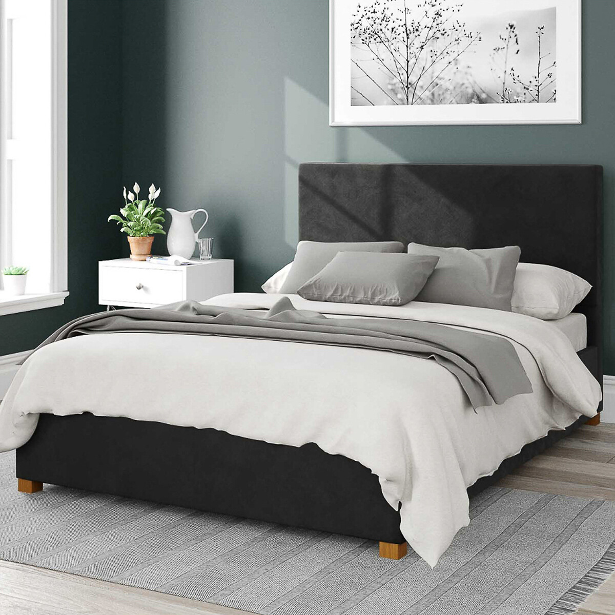 Aspire Garland Velvet Storage Ottoman Bed With Plain Upholstered Headboard Unisex Ebony Black King Size (150 X 200Cm)