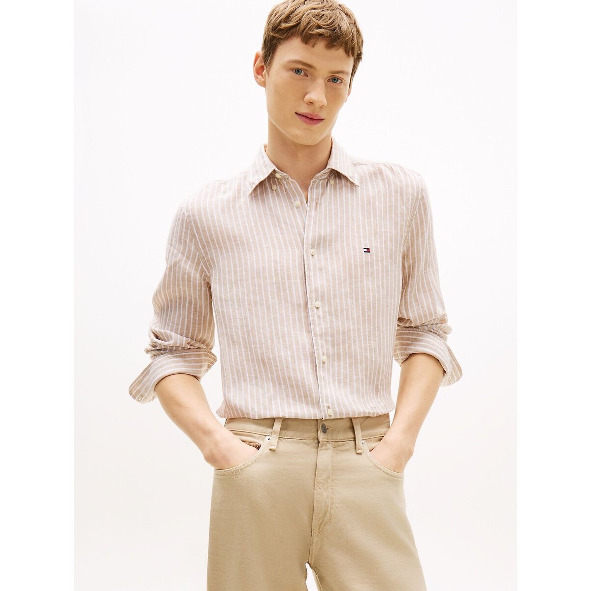 Tommy Hilfiger Linen Shirt Men's Striped Beige Medium