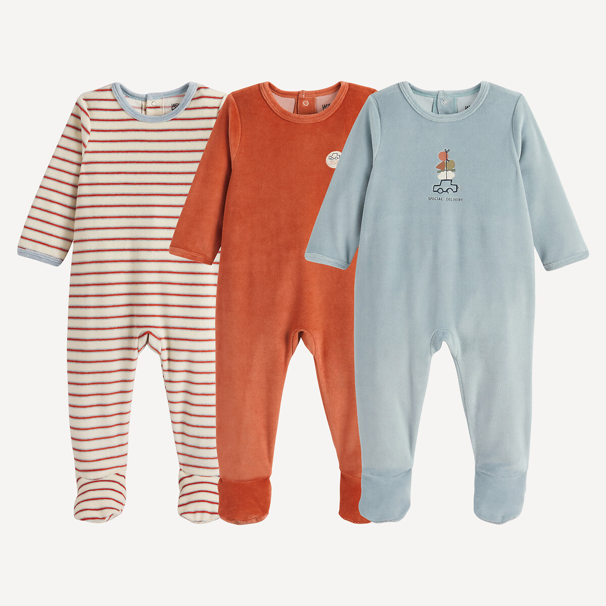 La Redoute Collections Pack Of 3 Car/Striped Print Velour Sleepsuits Printed + Striped 3Y (94Cm) Newborn