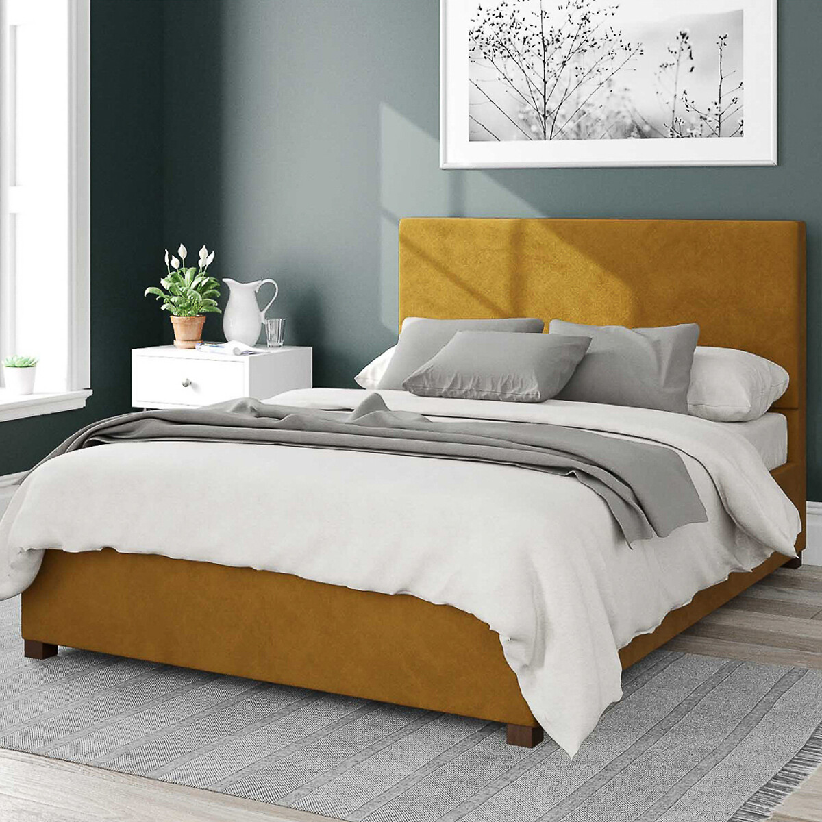 Aspire Unisex Ochre Garland Velvet Storage Ottoman Bed With Plain Upholstered Headboard King Size (150 X 200Cm)