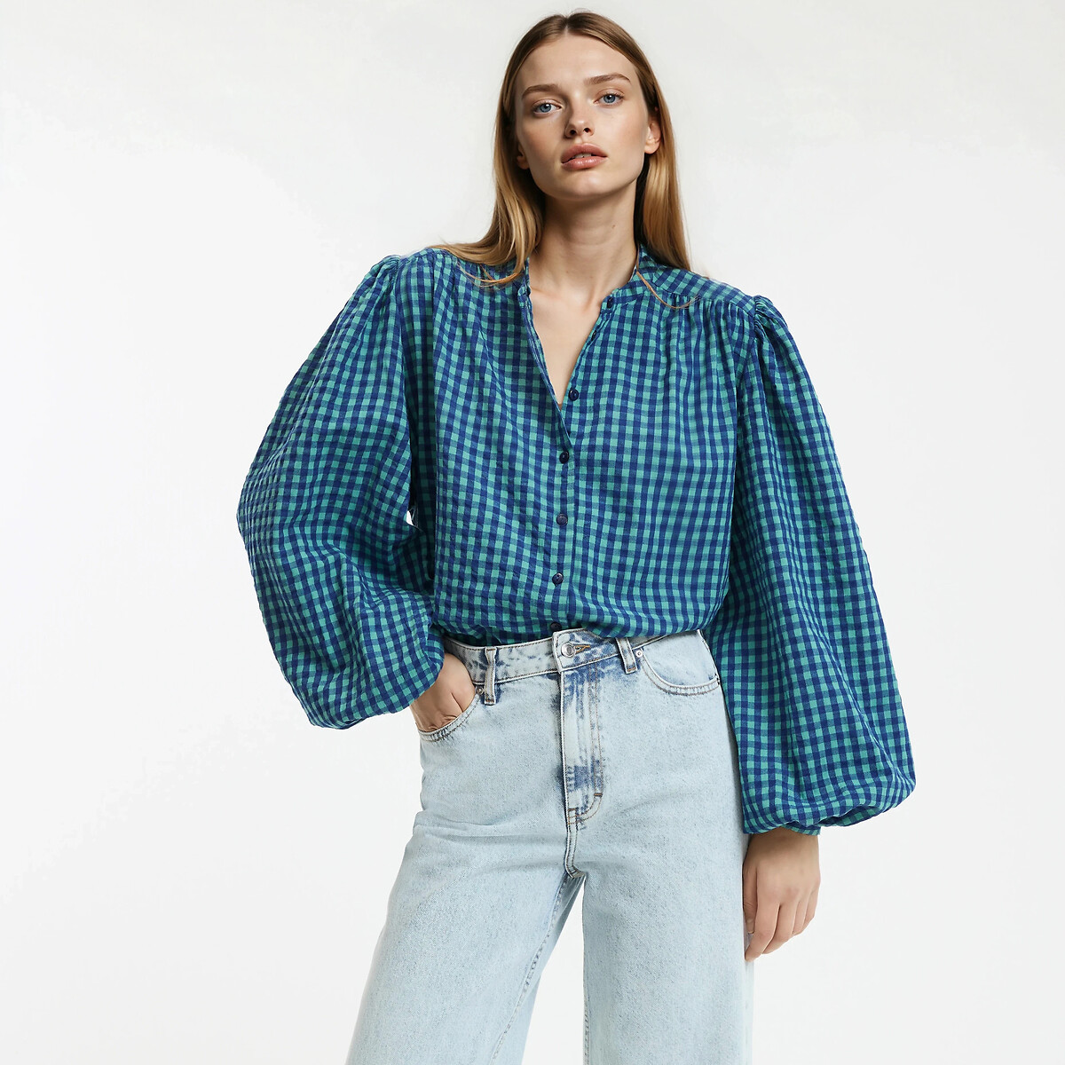 La Redoute Collections Signatures Lise Checked Shirt With Mandarin Collar Women's Checked Blue/Green Xxl