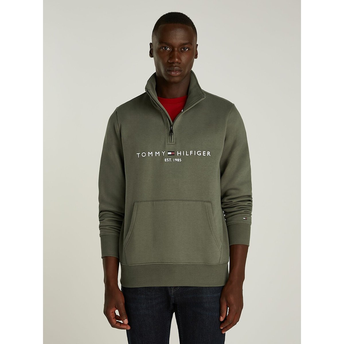 Tommy Hilfiger Khaki Green Tommy Logo Sweatshirt With Half Zip Medium