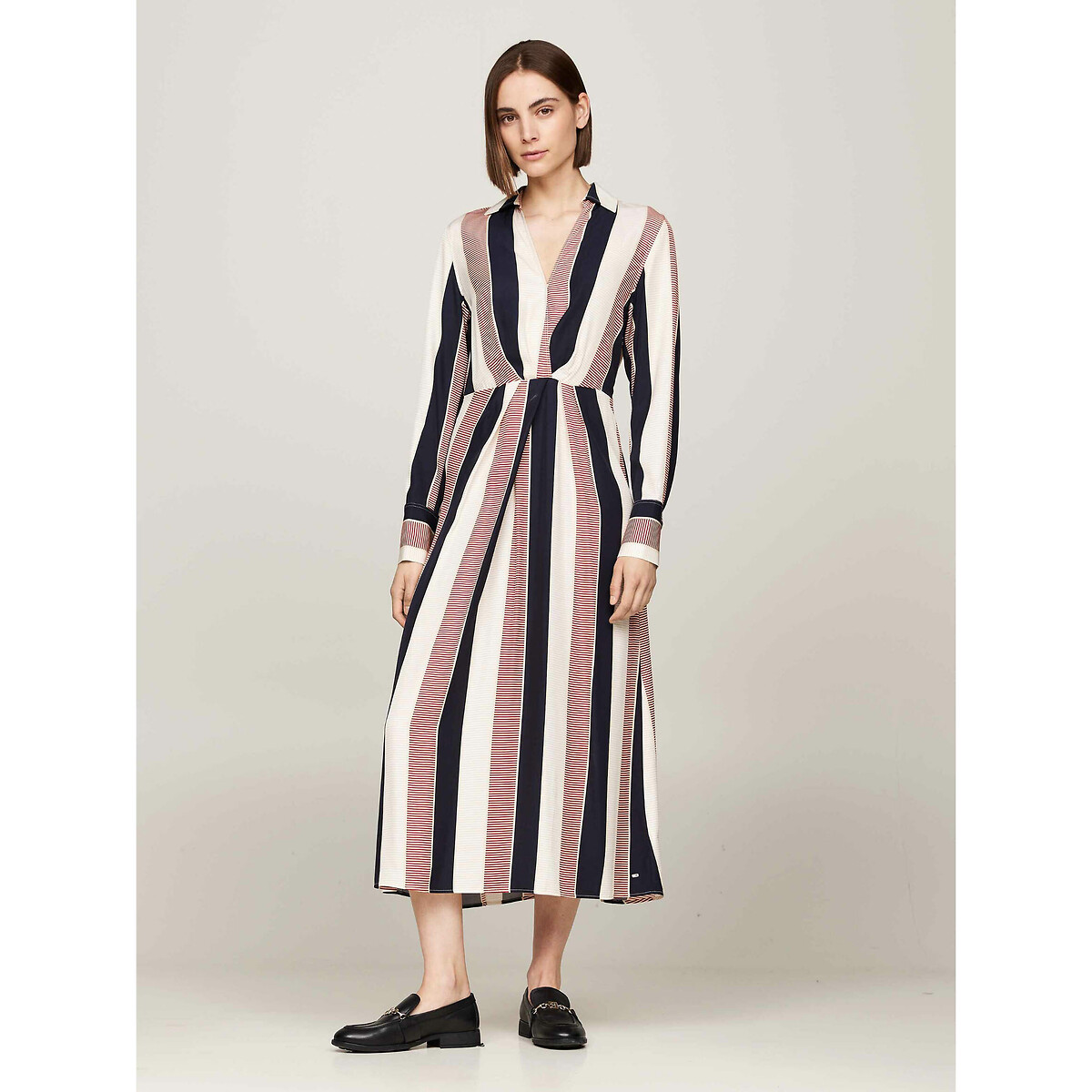 Vestido midi a rayas, manga larga Mujer Talla 36. Color Blanco