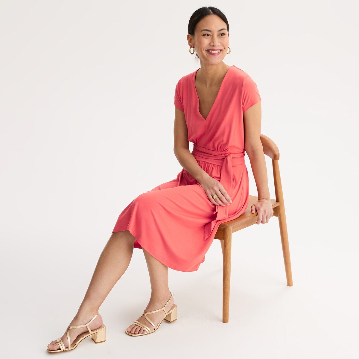 Anne Weyburn Mid-Length Knitted Flared Dress With Short Sleeves Women's Coral Size 12