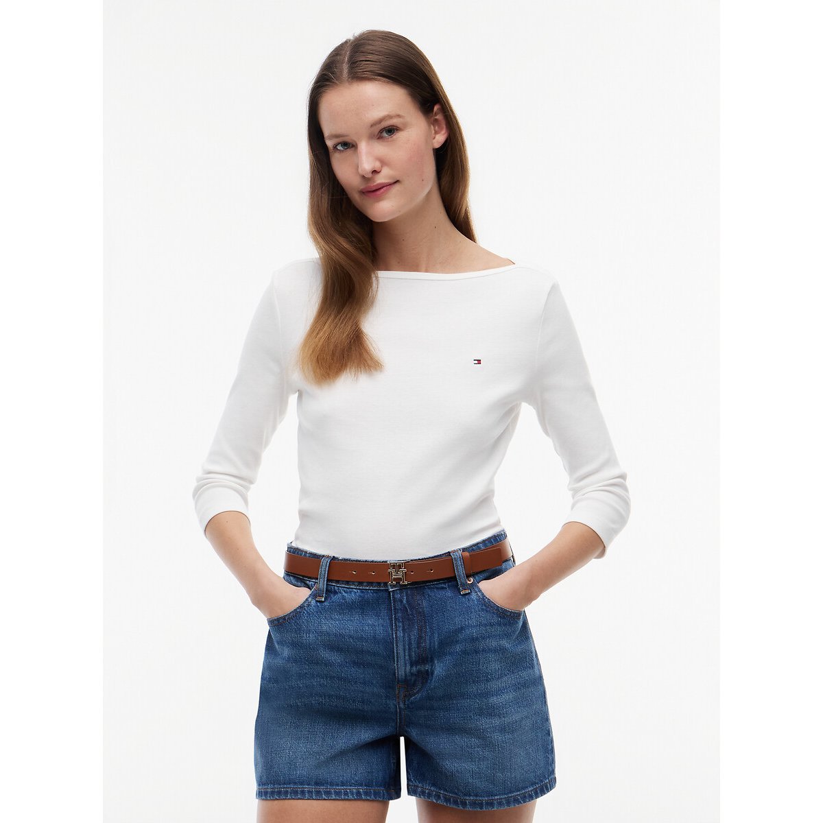 Tommy Hilfiger Cotton Boat Neck T-Shirt With 3/4 Length Sleeves Women's Ecru Extra Large