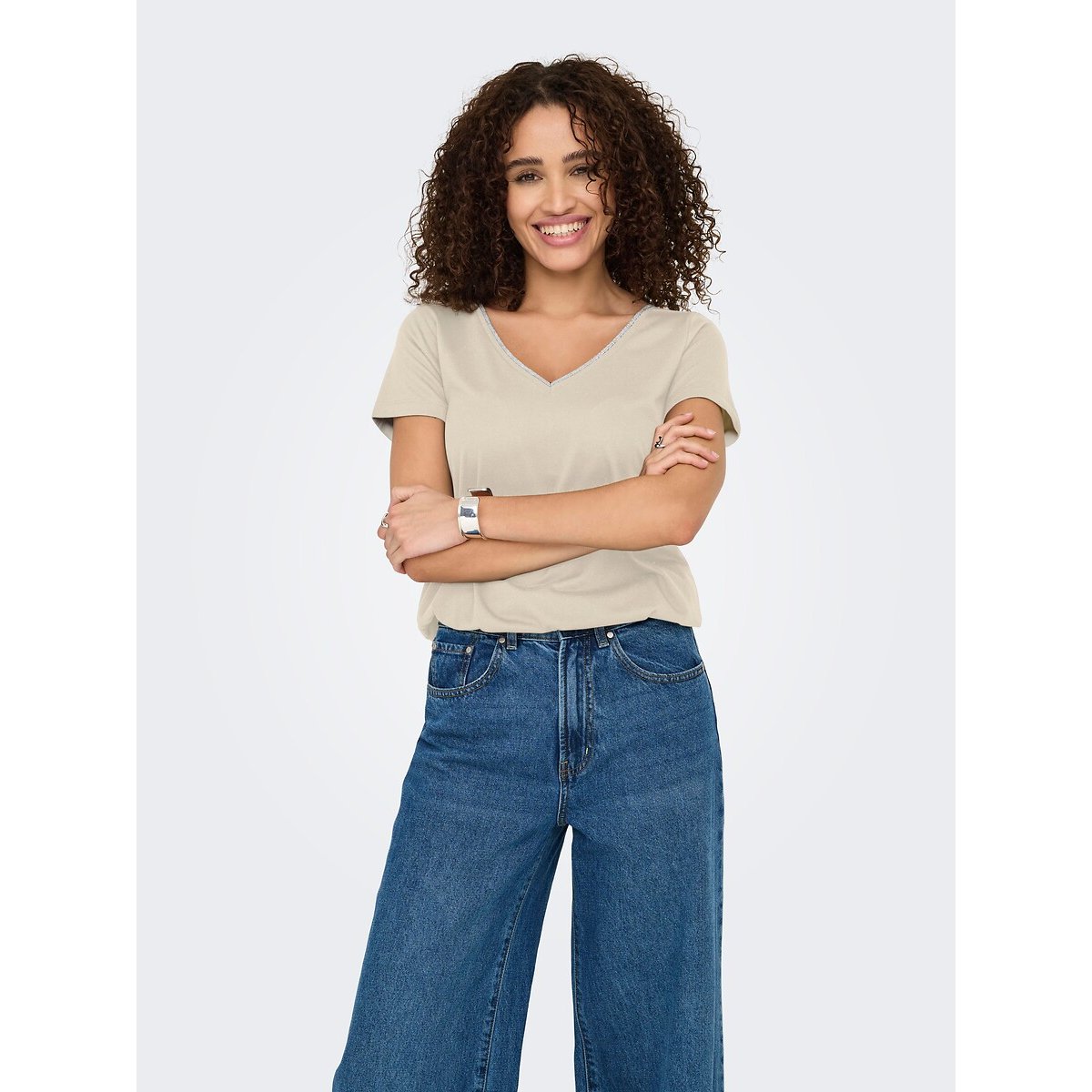 Jdy V-Neck T-Shirt Women's Ecru Extra Small