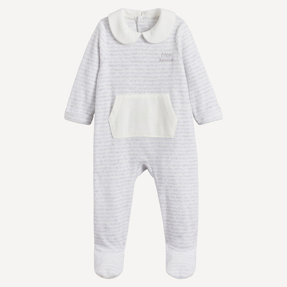 La Redoute Collections Striped Pyjamas With Peter Pan Collar In Velour And Customisable Grey 18M (81Cm) Newborn