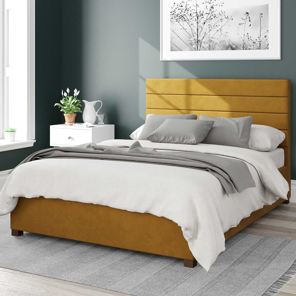 Aspire Unisex Ochre Kelly Velvet Storage Ottoman Bed With Modern Horizontal Upholstered Headboard King Size (150 X 200Cm)