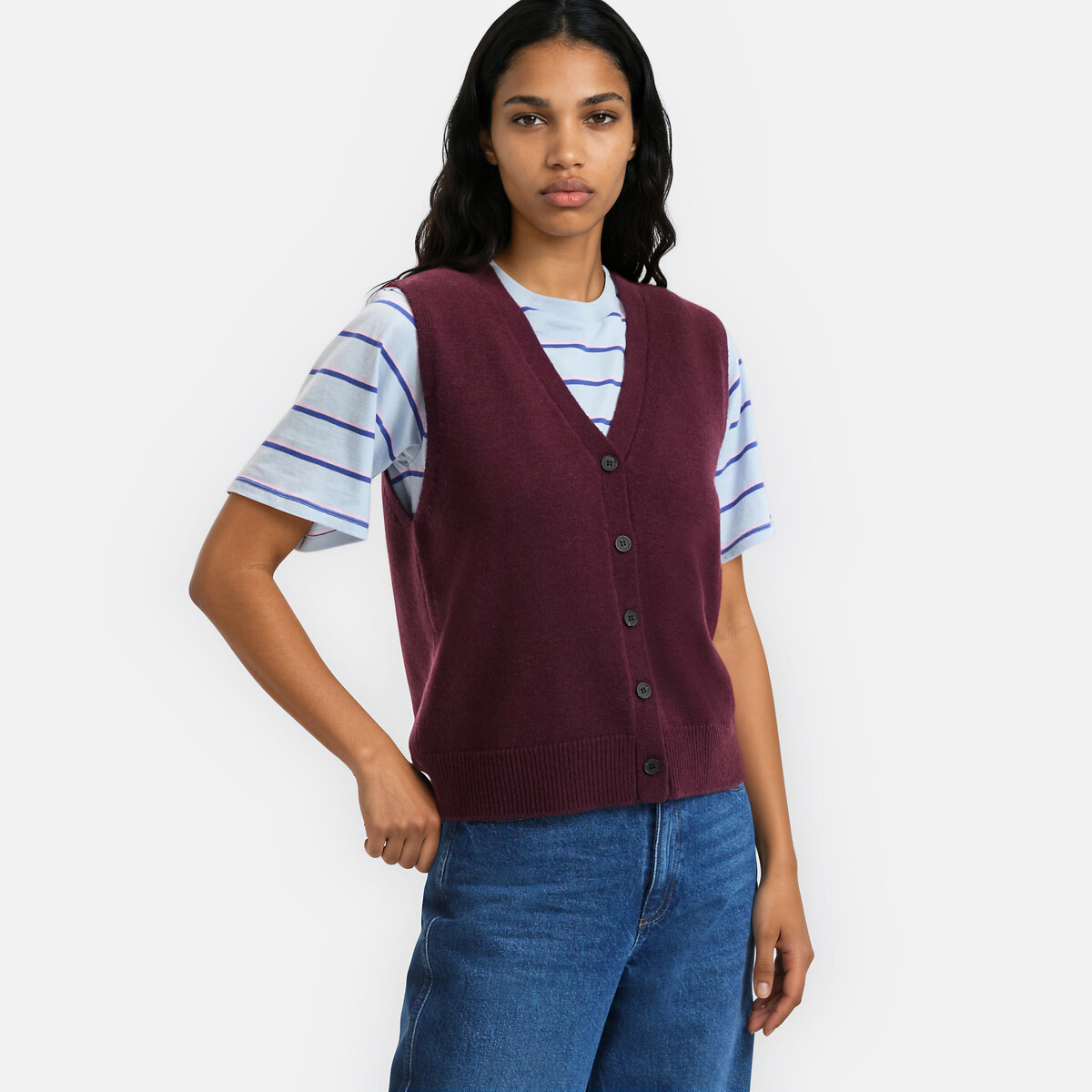 La Redoute Collections Cárdigan corto de lana con cuello de pico, sin mangas y con botones.