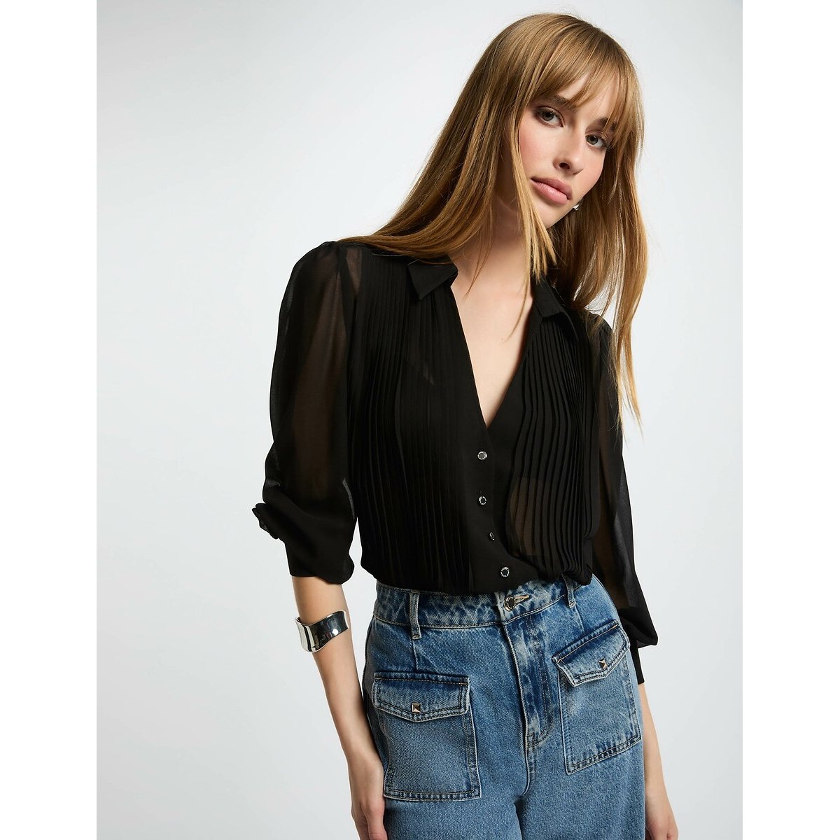 Morgan Long Sleeve Pleated Shirt Women's Black Size 8