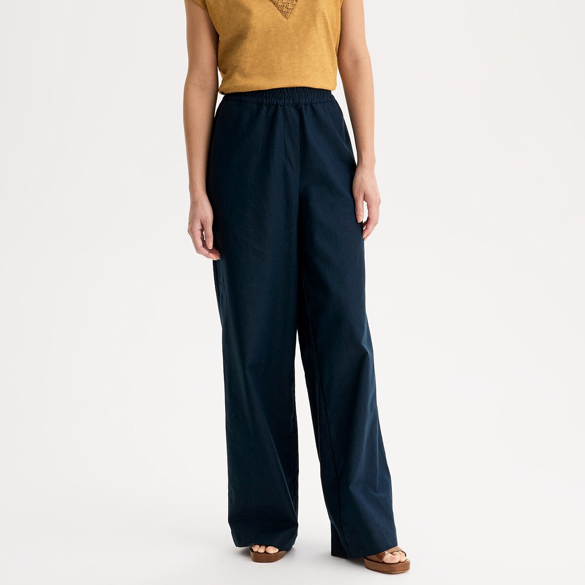 Pantalon large en lin et coton à taille élastiquée