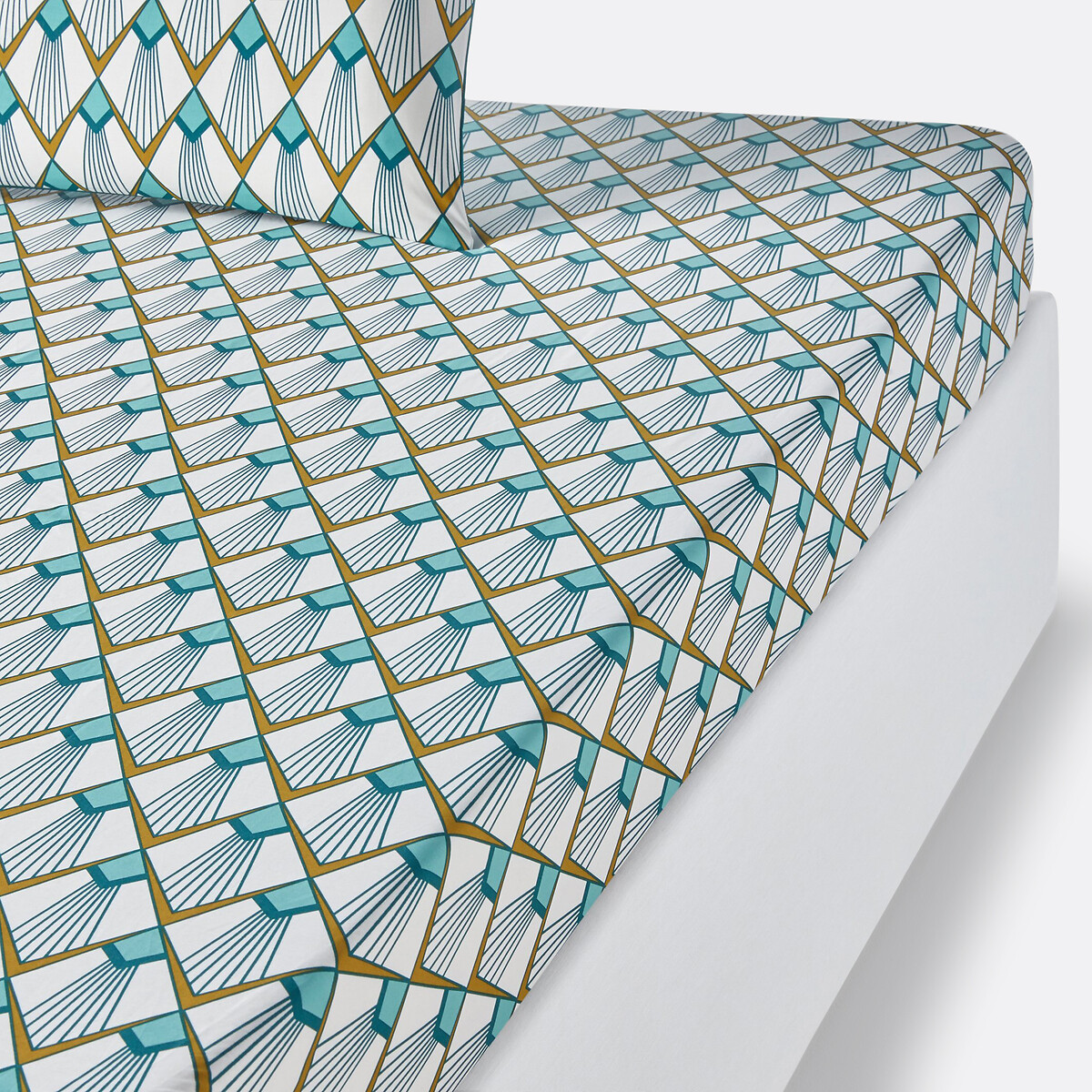 La Redoute Interieurs Elisa Cotton Percale Fitted Sheet Unisex White/Green Print Dbl+ (140X200cm)