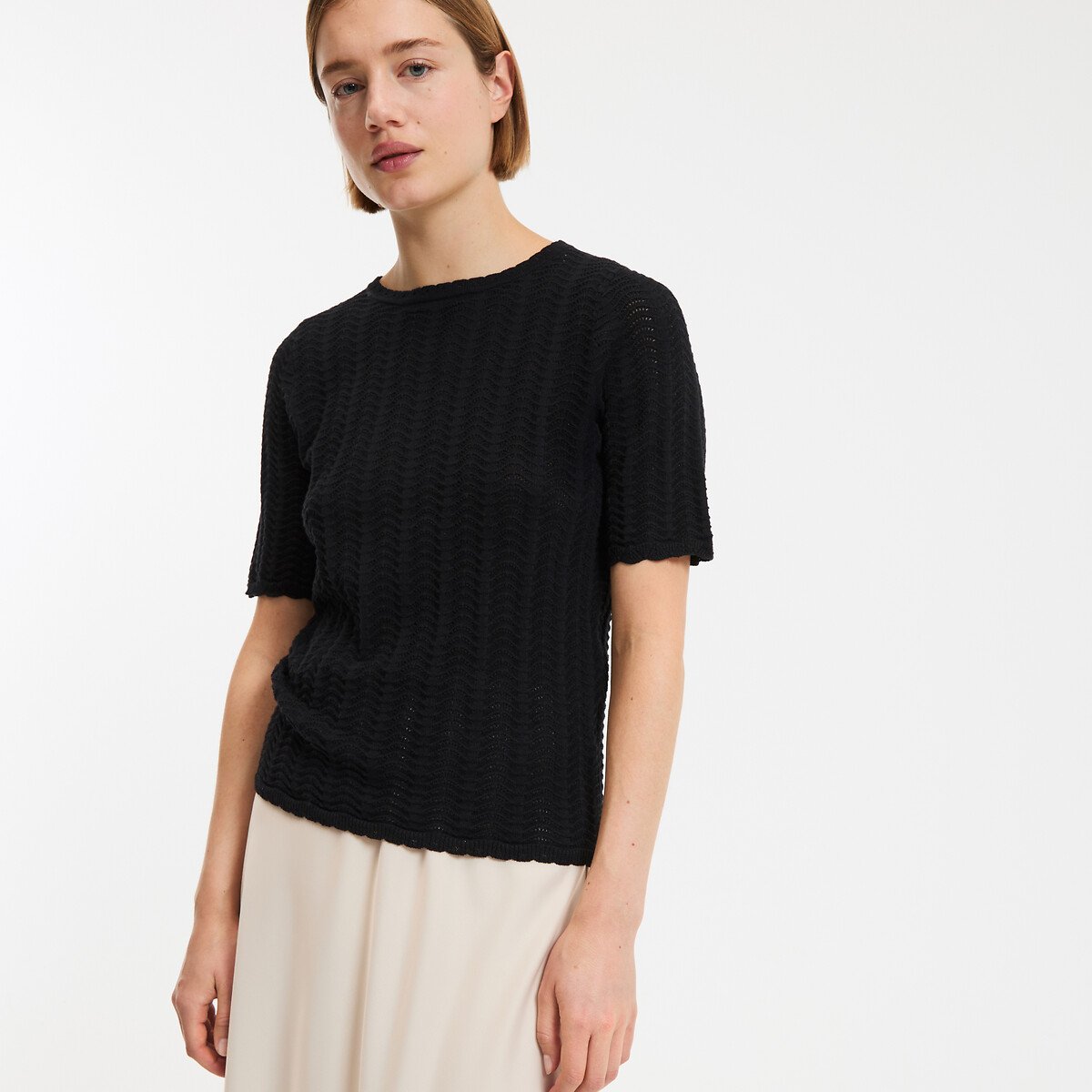 Pull col rond manches courtes en maille pointelle