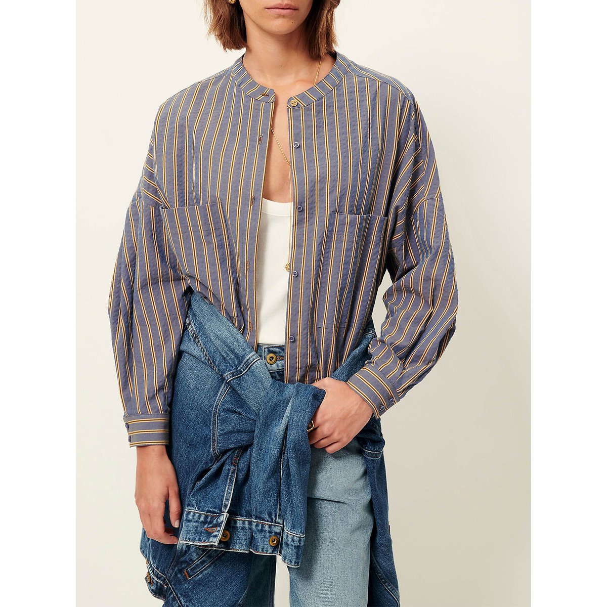 Sessun Cadaques Striped Shirt With Crew Neck And Gathered Hem Women's Blue Medium