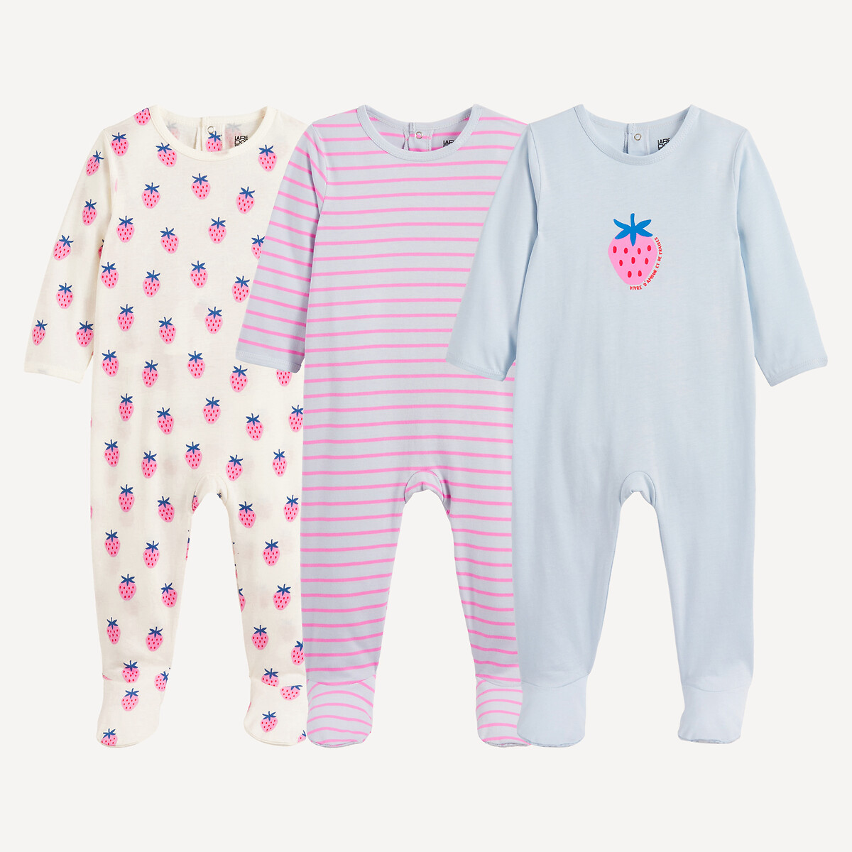 La Redoute Collections Pack Of 3 Fruit Print/Striped Jersey Sleepsuits Assorted 3M (60Cm) Newborn