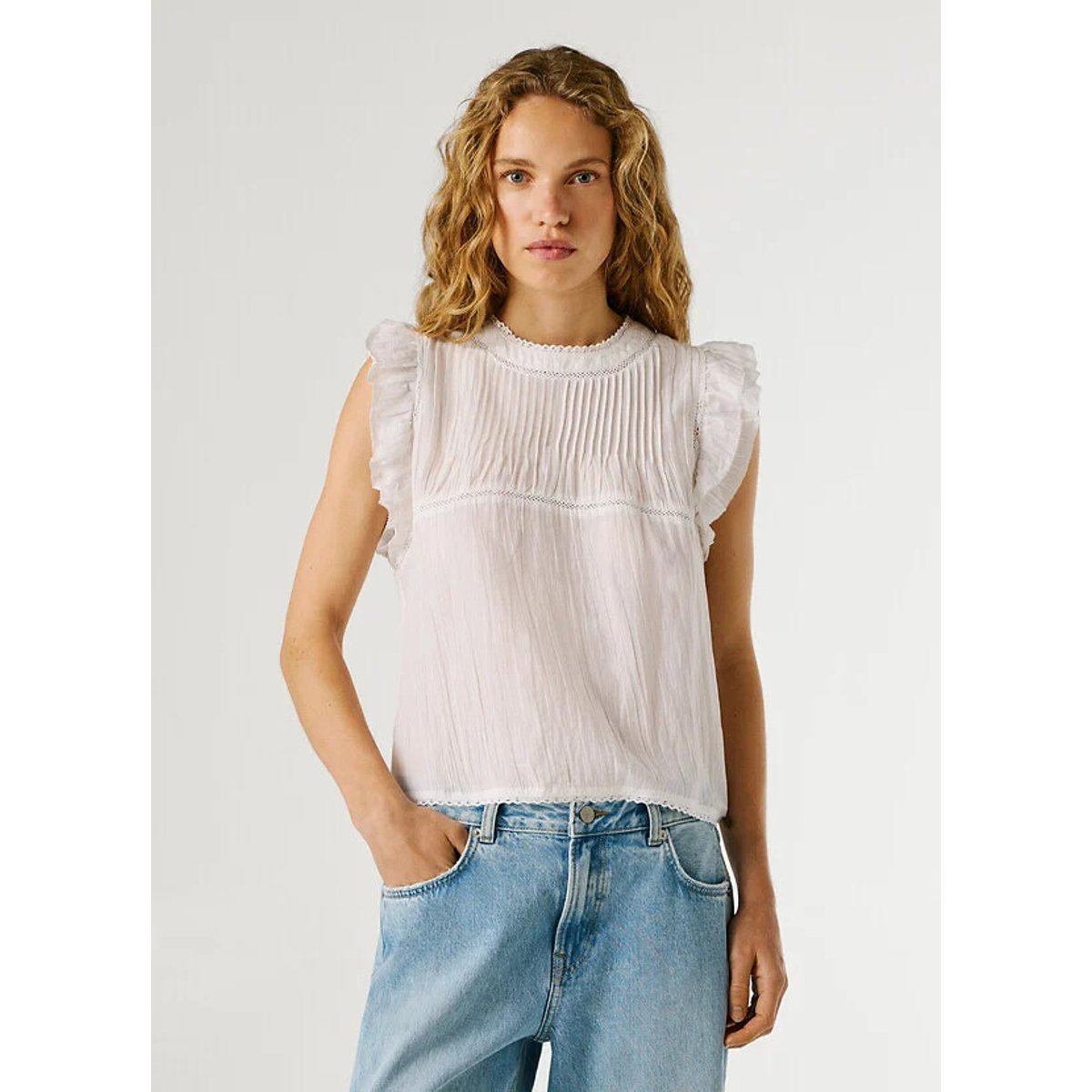 Pepe Jeans Ruffled Sleeve Blouse With Crew Neck Women's White Extra Large