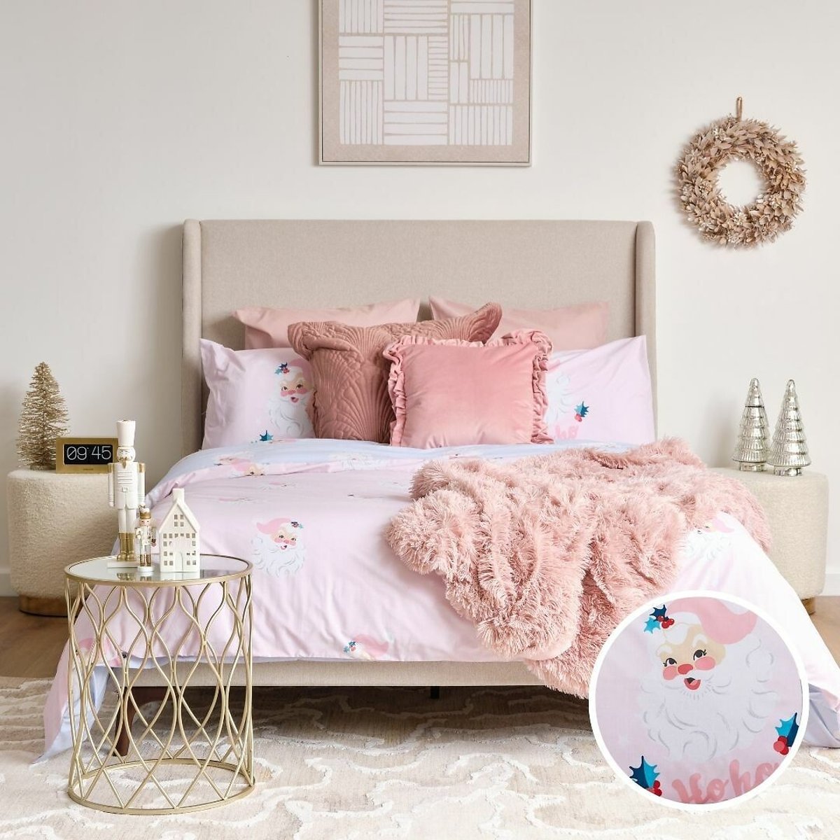 Catherine Lansfield Unisex Pink Vintage Christmas Santa Duvet Cover And Pillowcase Set King (230X220cm)