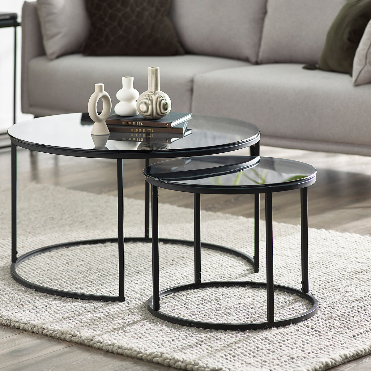 Julian Bowen Unisex Smoked Glass And Black Chicago Round Nesting Coffee Tables - Image 8