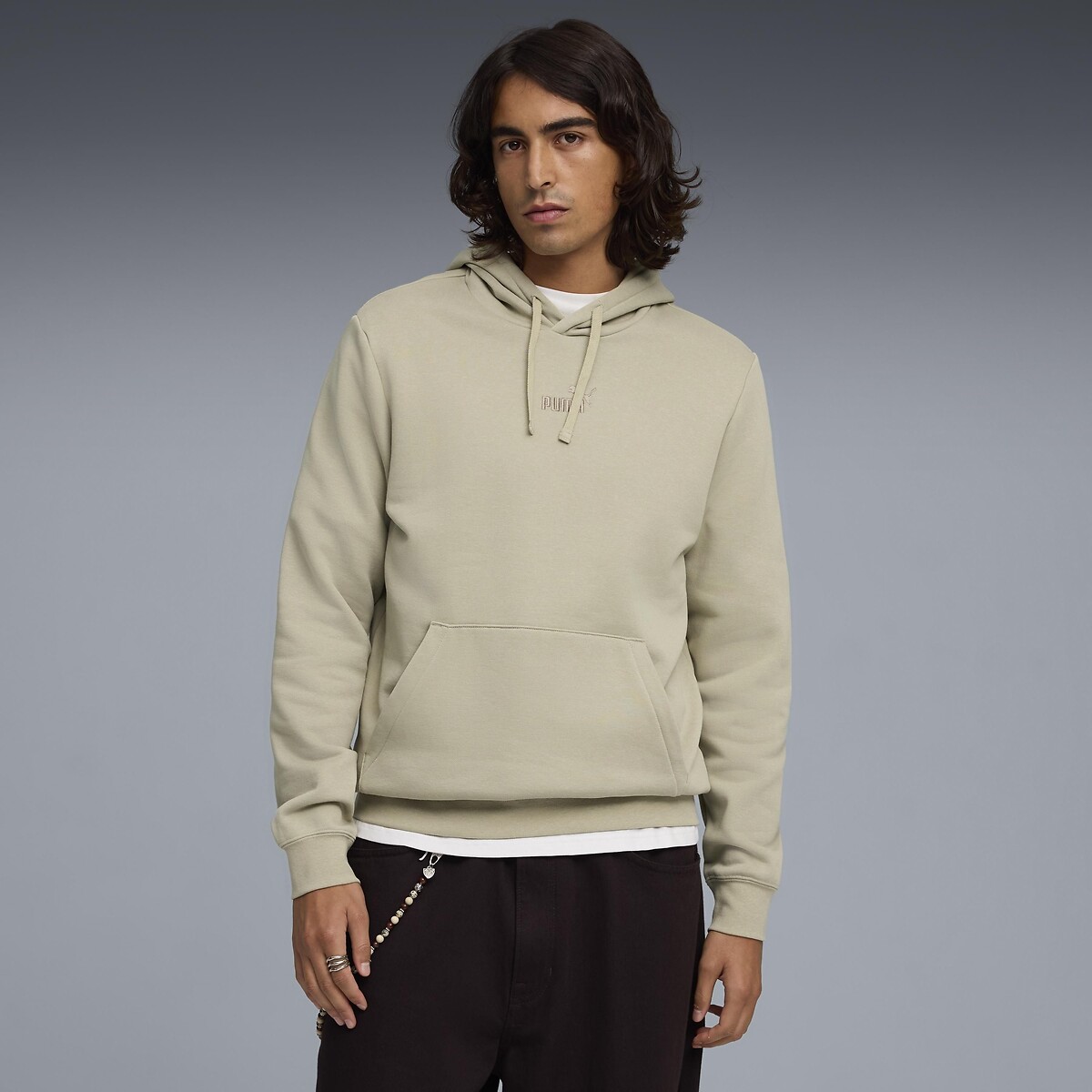 Puma Essential Logo Hoodie Men's Grey Beige Large