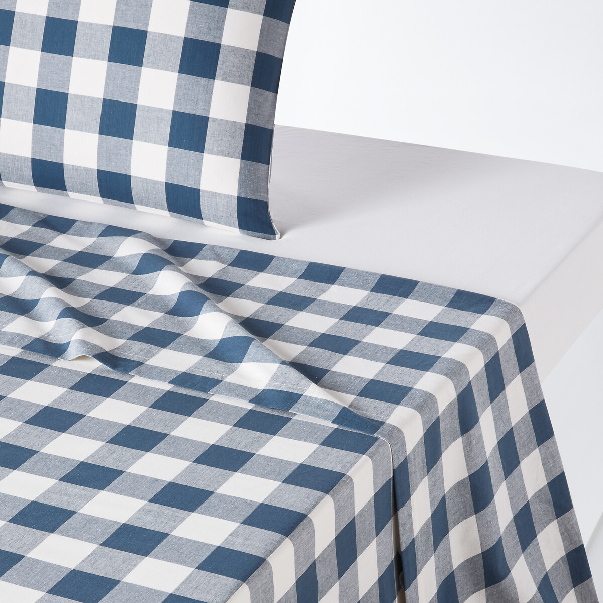 La Redoute Interieurs Aveiro Checked Gingham 100% Cotton Flat Sheet Unisex Blue Gingham Check King (270X290cm)