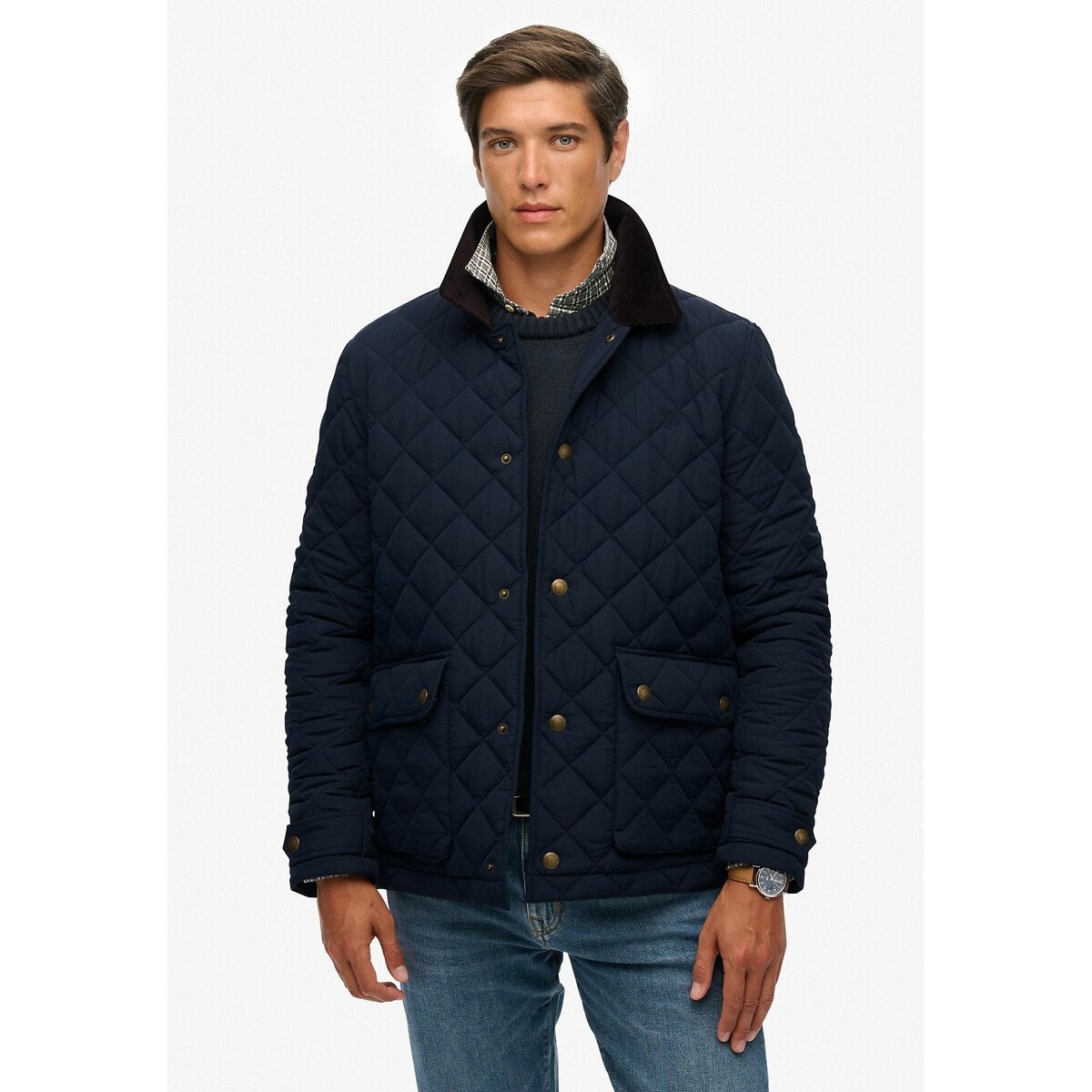 Superdry Men's Navy Blue Estate Quilted Jacket With Corduroy Collar Medium