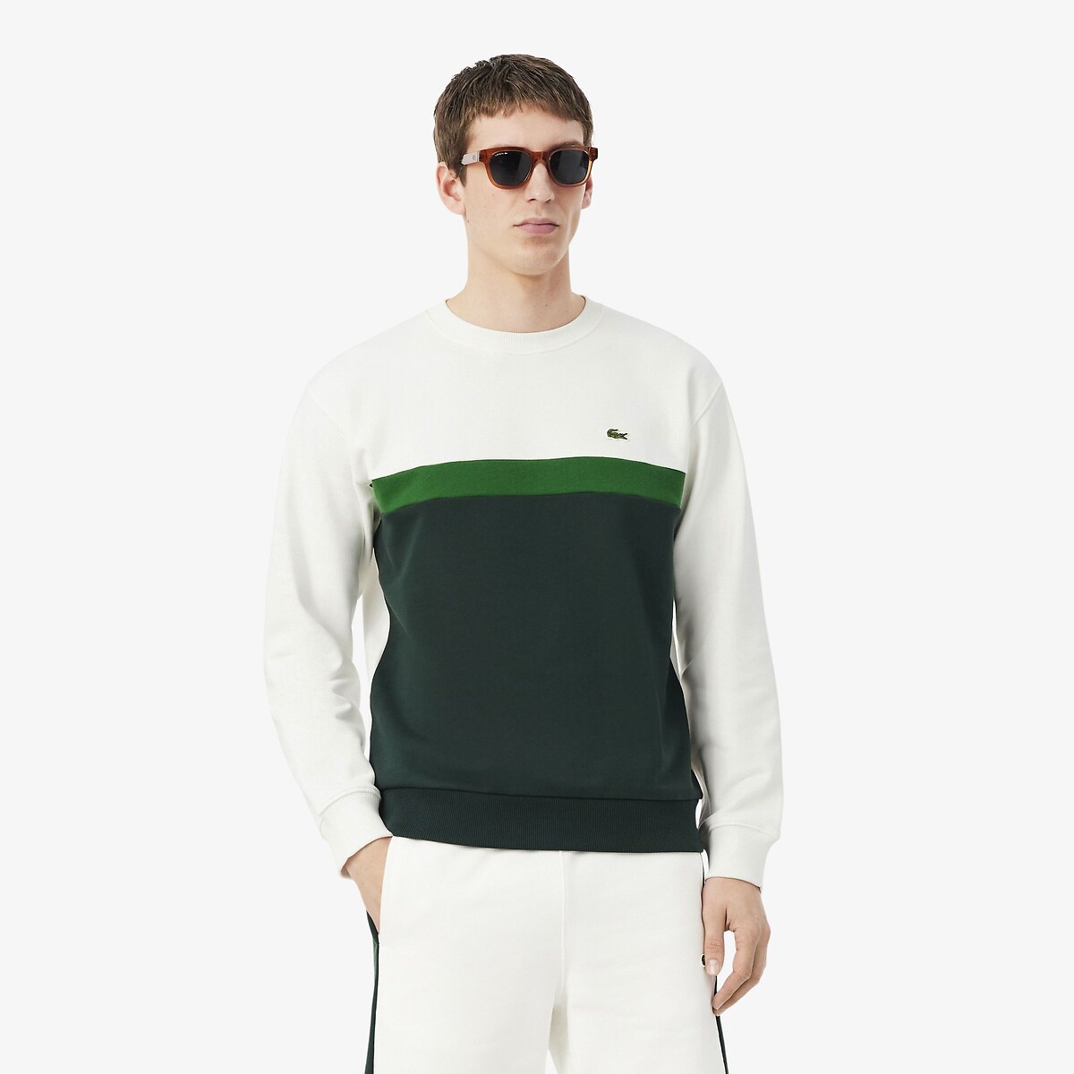 Lacoste Colour Block Fleece Sweatshirt Men's Off White/Green Medium