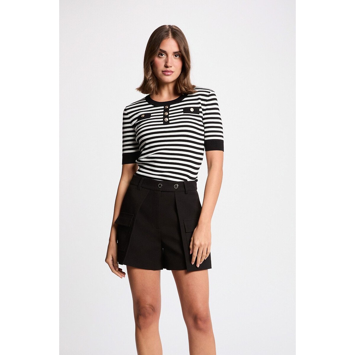 Morgan Striped Short Sleeve Crew Neck Jumper Women's Black Striped/White Large