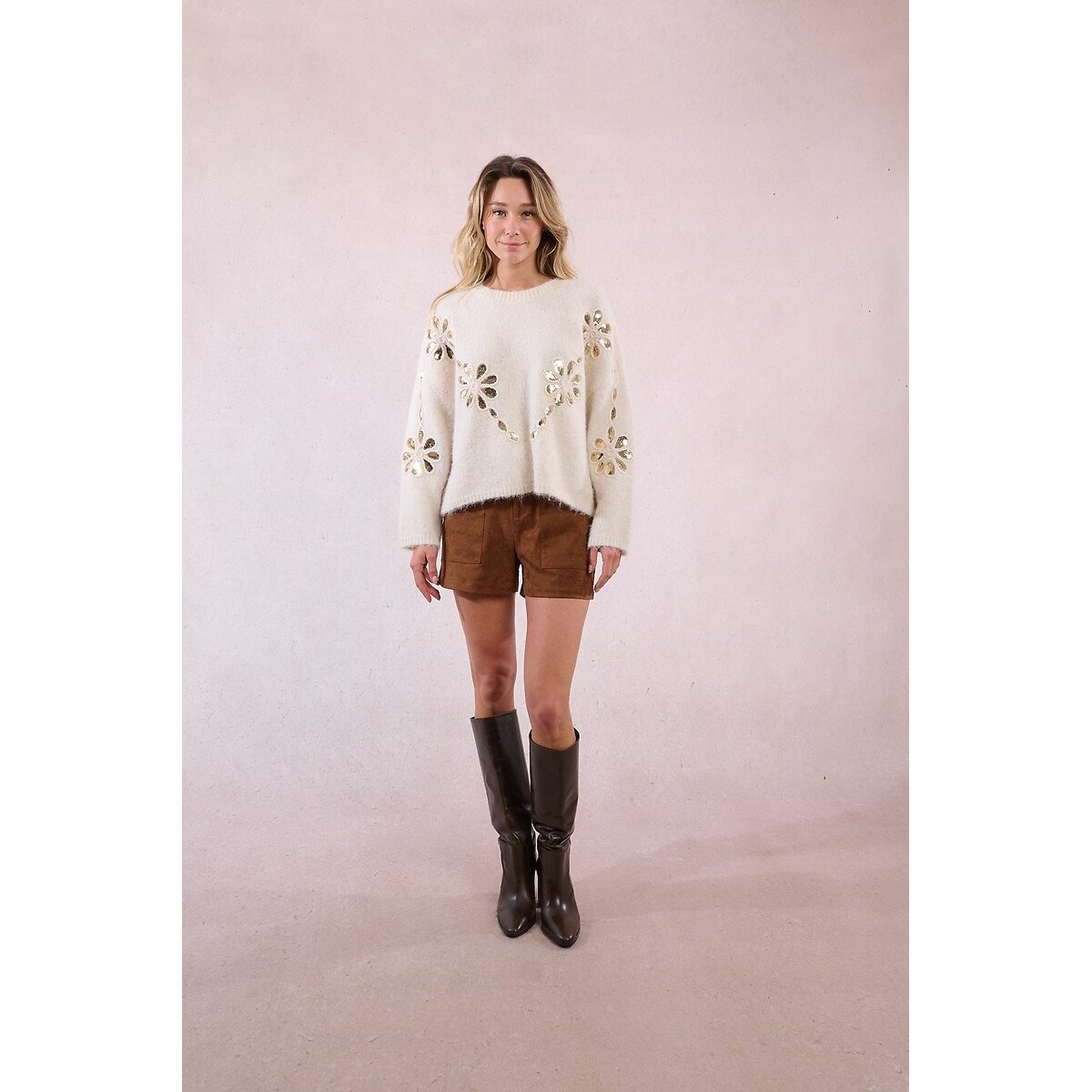 Molly Bracken Knitted Jumper With Sequined Flowers Women's Ecru Extra Large