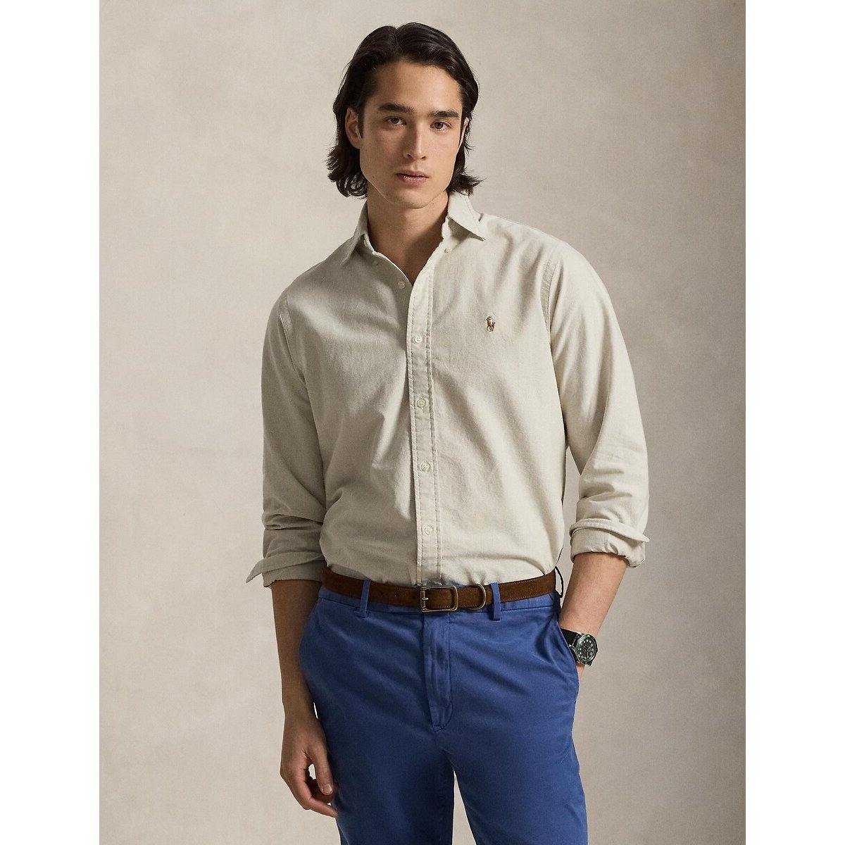 Camisa Oxford entallada Hombre Talla L. Color Beige