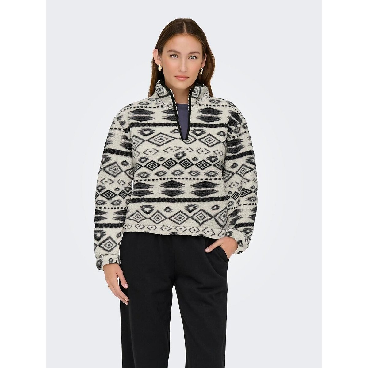 Only Printed Zip-Up Fleece Women's Ecru/Black Extra Small