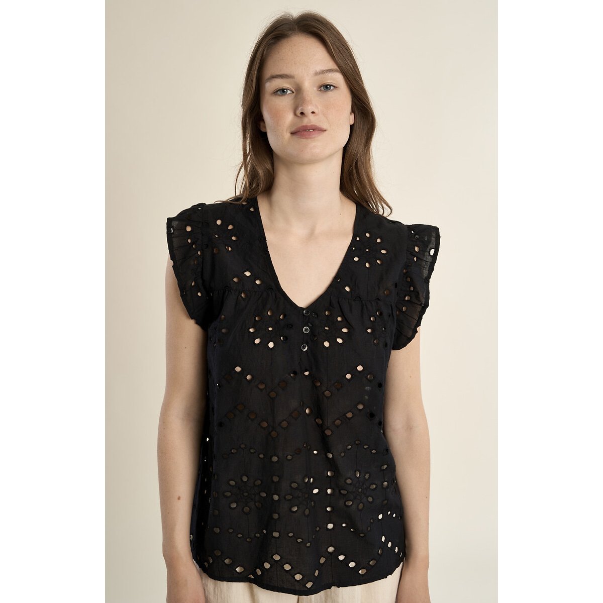 Molly Bracken Embroidered Short Sleeve Blouse Women's Black Extra Large